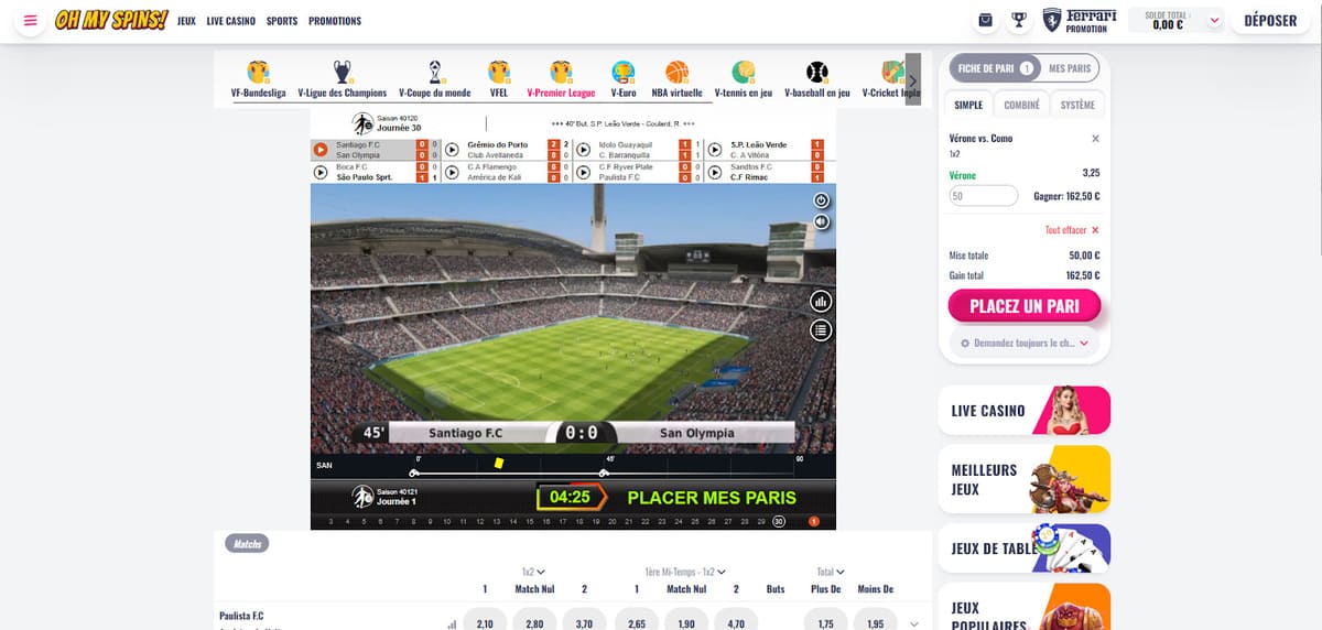 Ligues virtuelles OhMySpins Casino