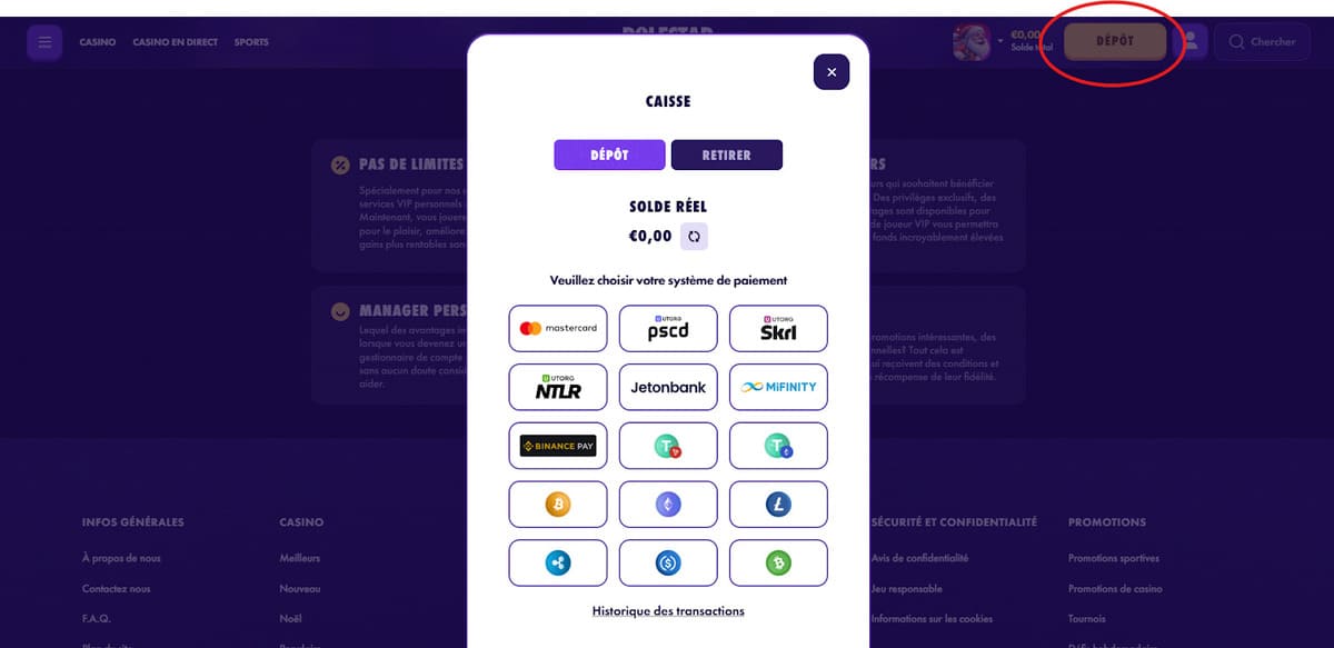 Dépôt et retrait Polestar casino