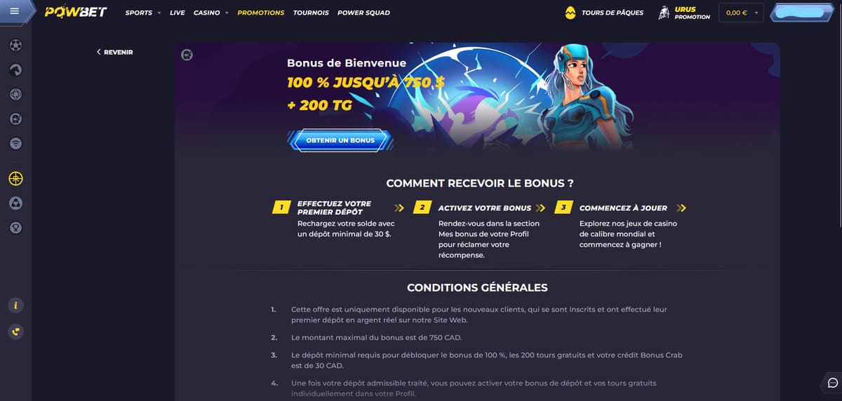 Bonus bienvenue Powbet Casino