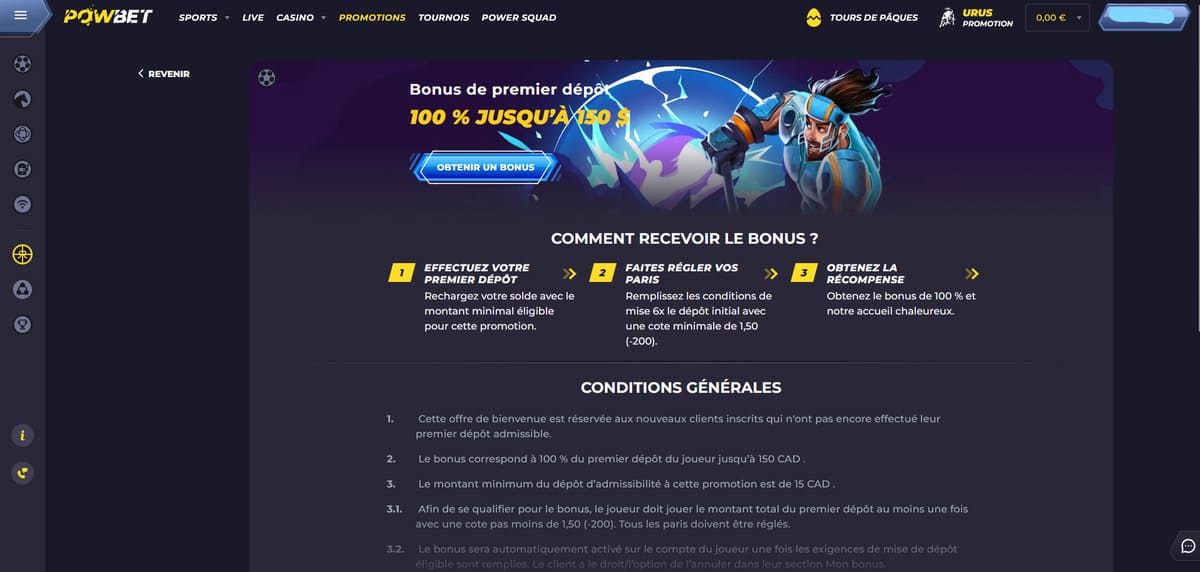 Bonus premier dépôt Powbet Casino