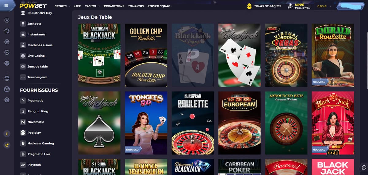 Jeux de table Powbet Casino