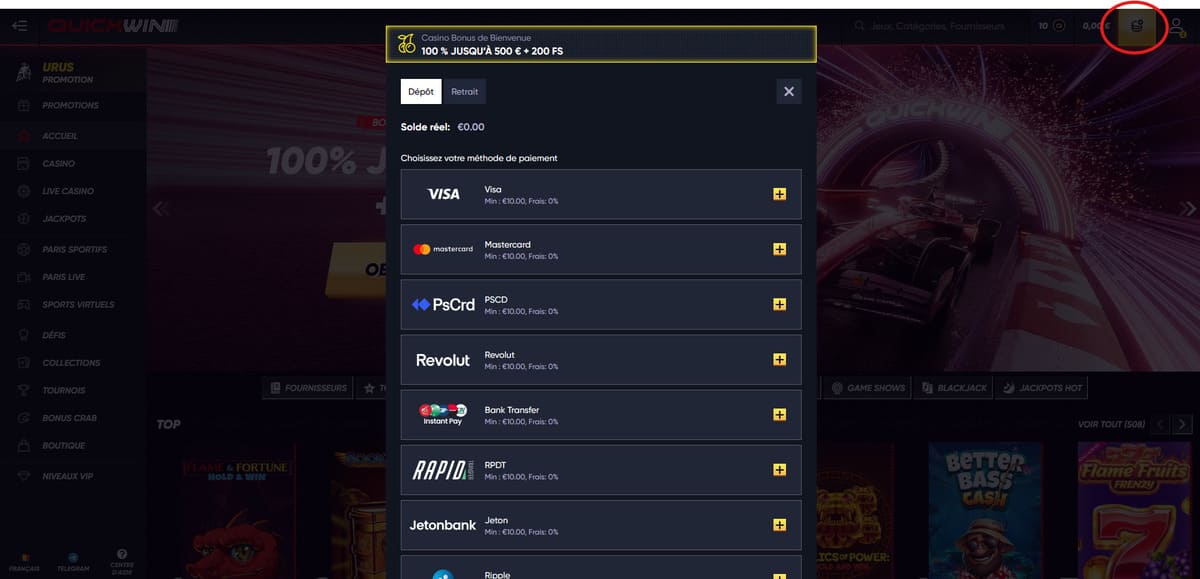 Dépôt Quickwin Casino