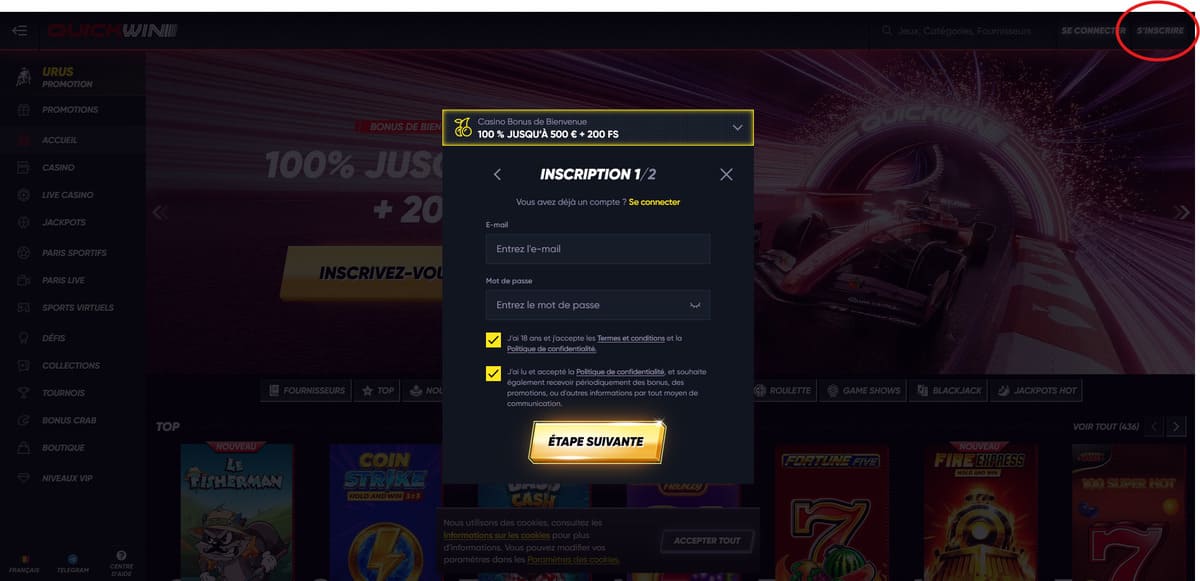 Incription Quickwin Casino