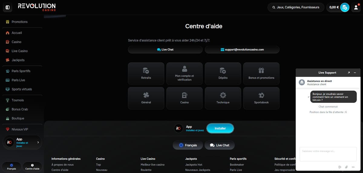 Centre d'aide Revolution Casino