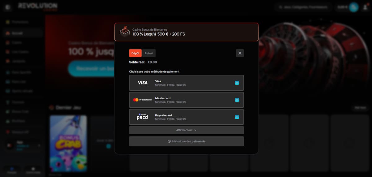 Dépôt Revolution Casino