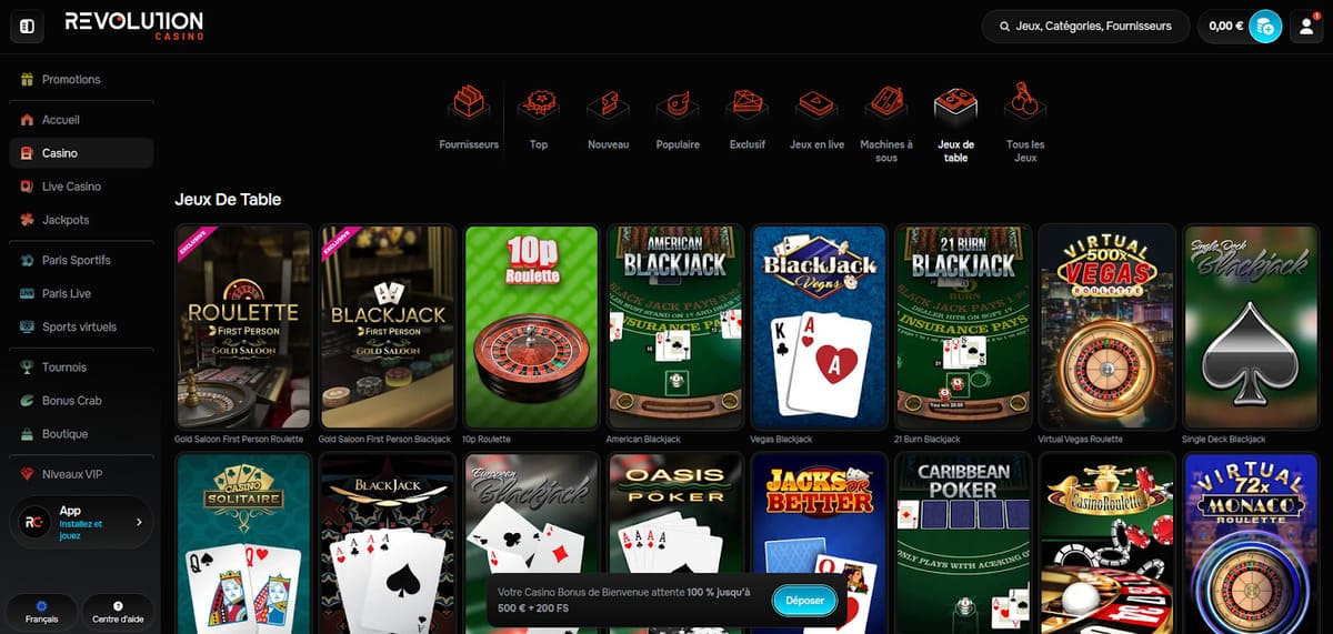 Jeux de table Revolution Casino