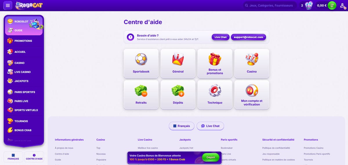 Centre d'aide Robocat Casino