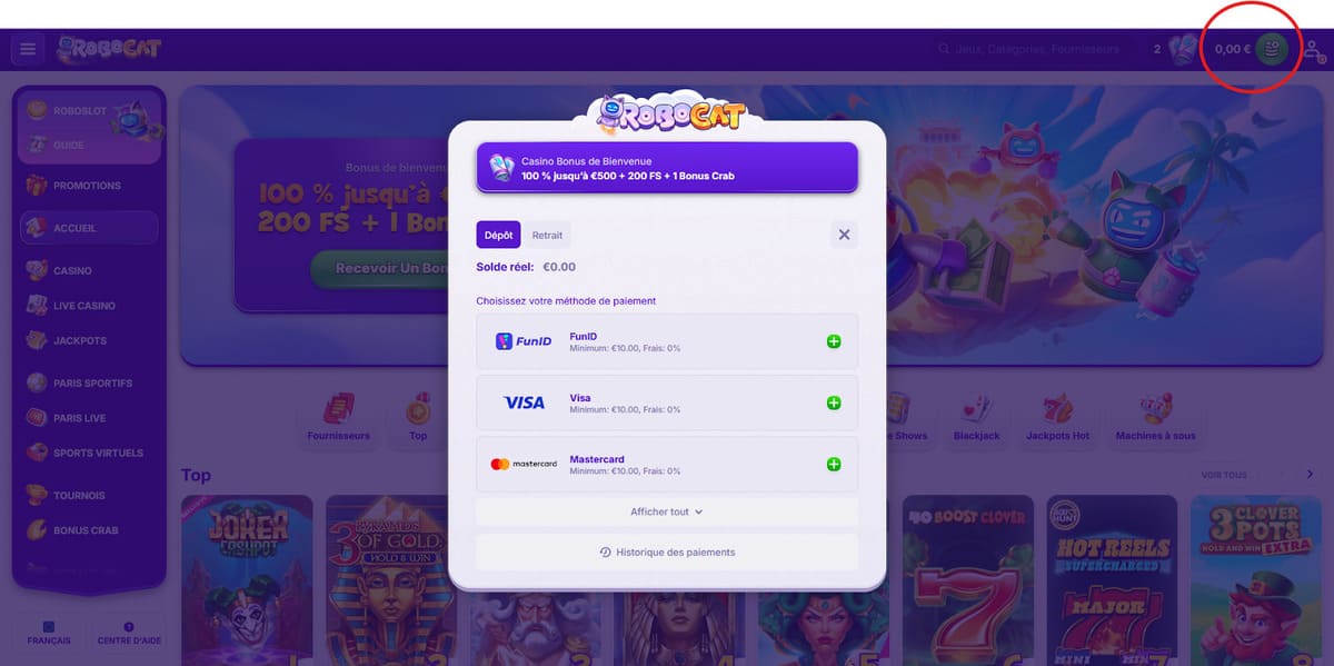 Dépôt Robocat Casino
