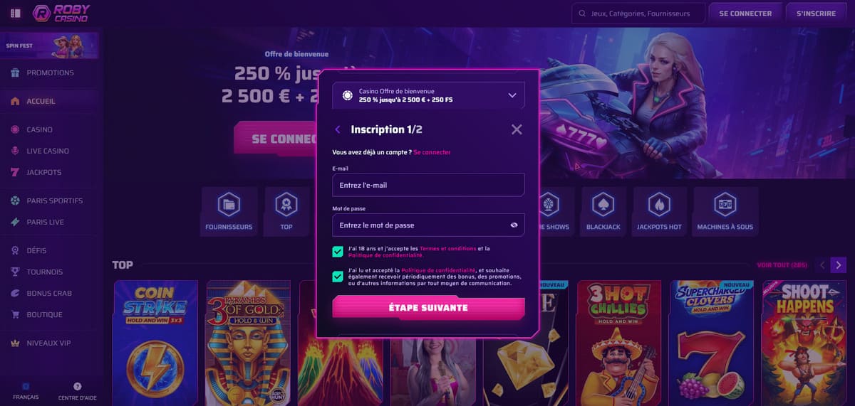 Inscription Roby Casino