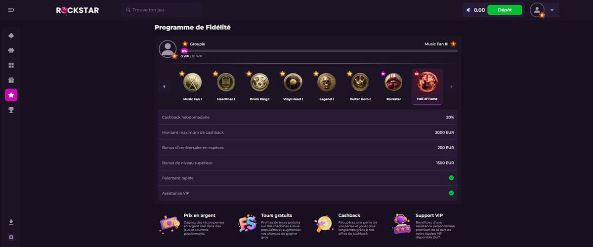 Programme fidélité Rockstar Casino