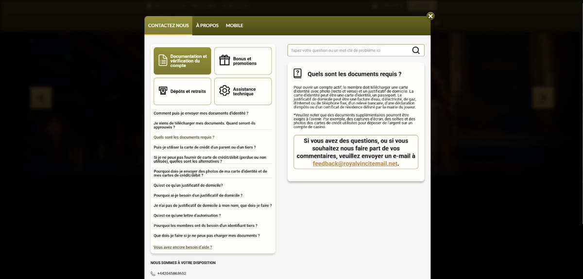 Service client Royal Vincit Casino