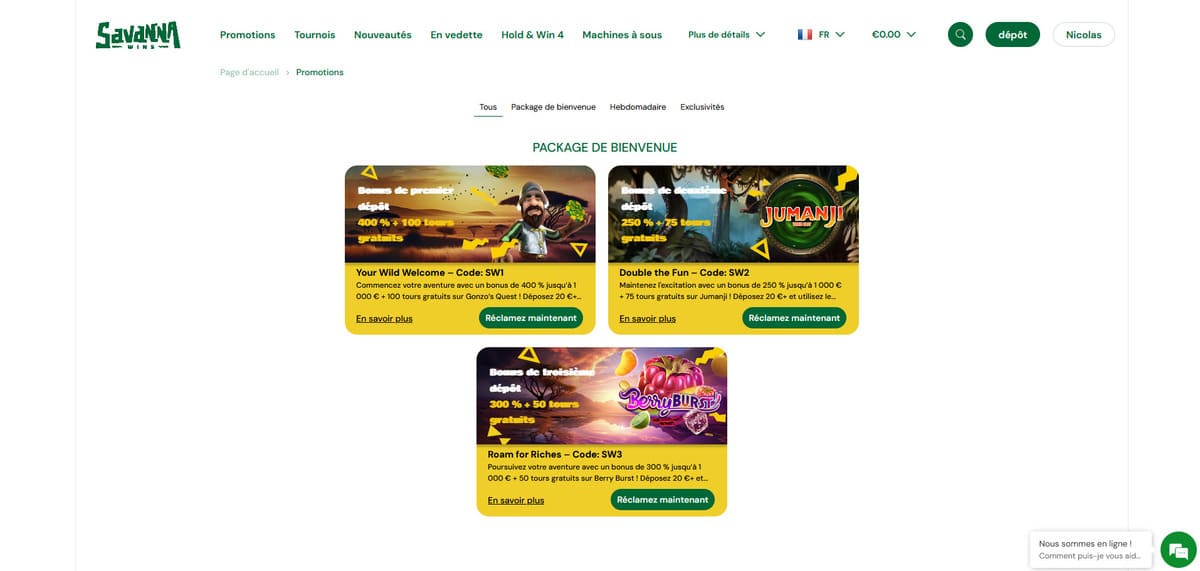 Bonus bienvenue Savanna Wins Casino