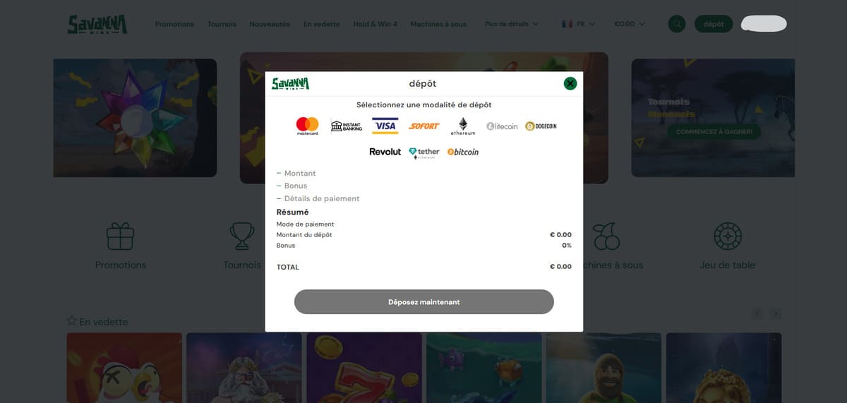 Dépôt Savanna Wins Casino