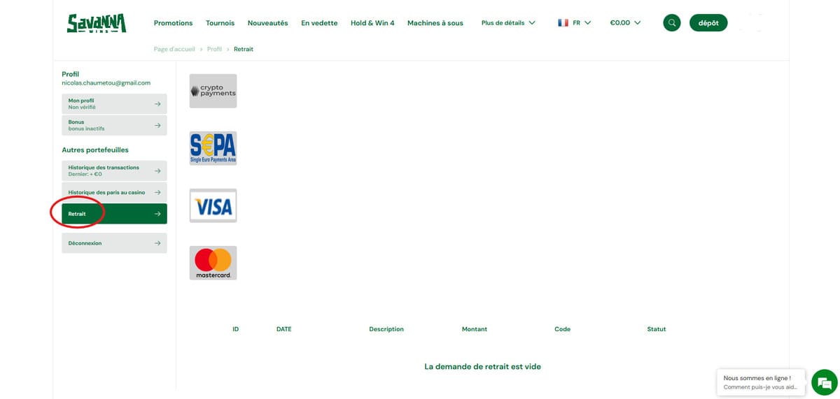 Retrait Savanna Wins Casino