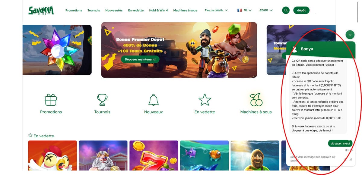 Support client Savanna Wins Casino