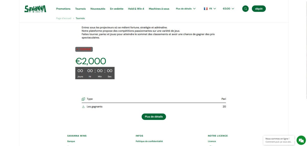 Tournois Savanna Wins Casino