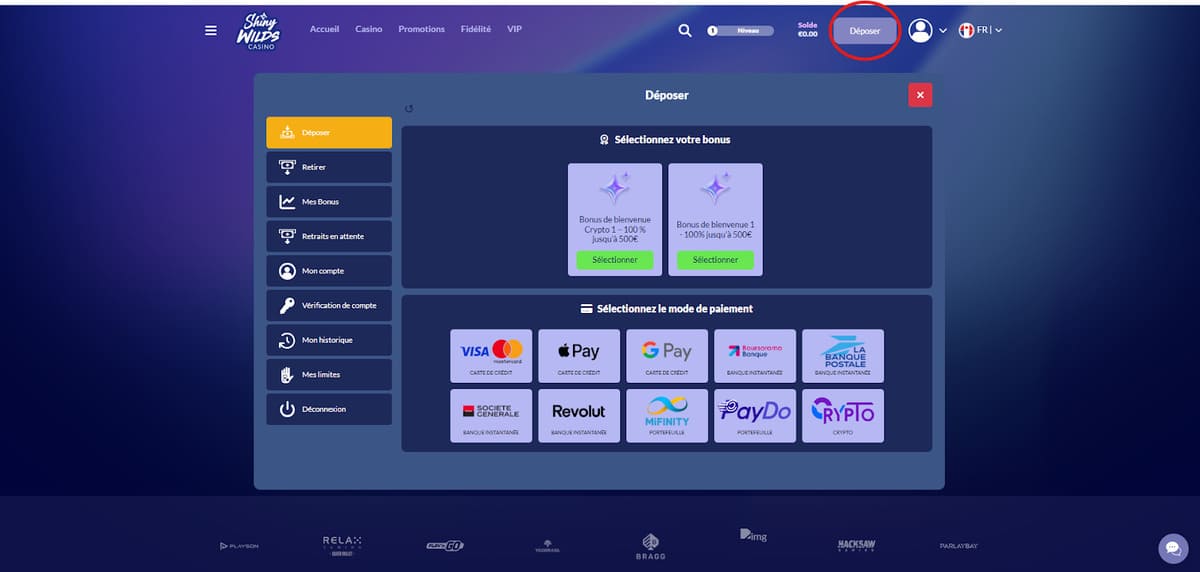 Dépôt Shiny Wilds Casino