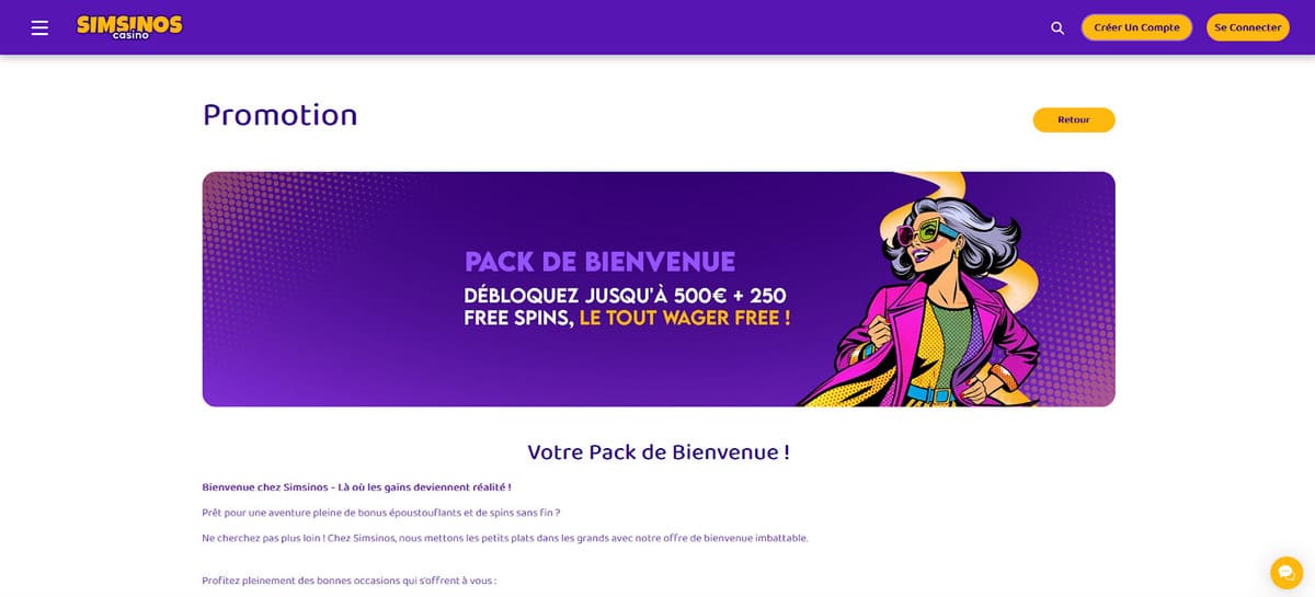 Bonus bienvenue Simsinos Casino