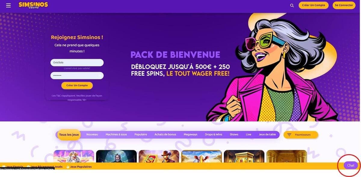 Service client Simsinos Casino