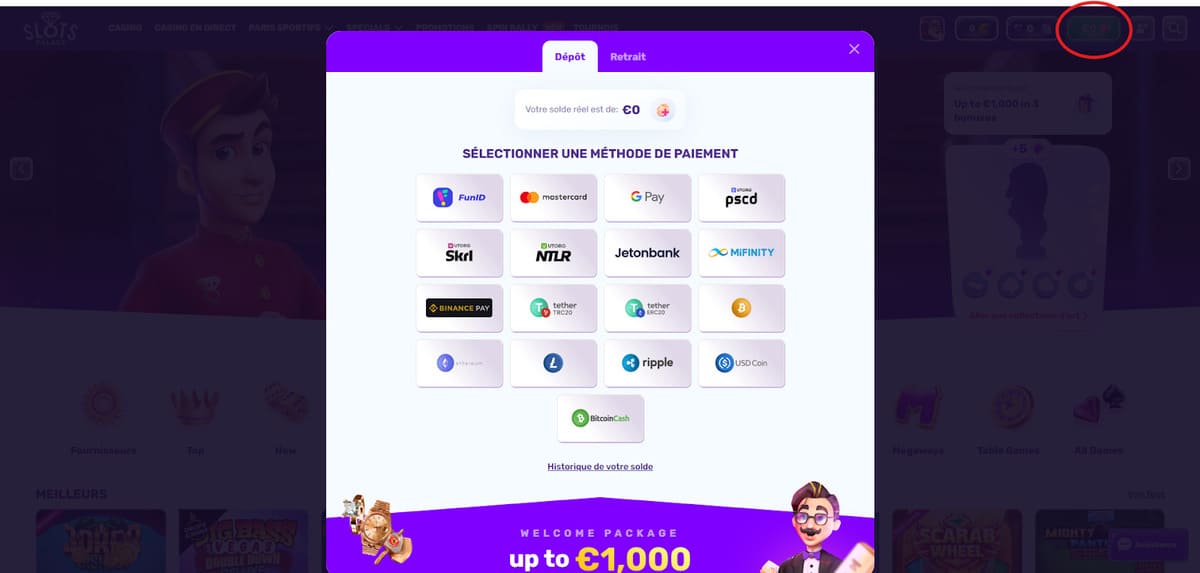Dépôt et retrait Slots Palace
