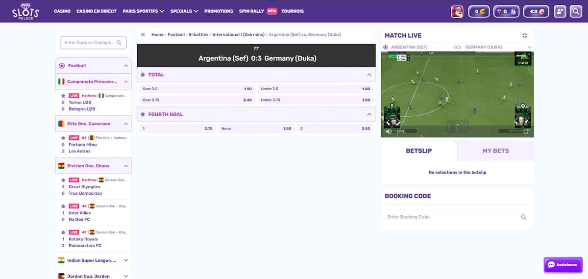 Match en direct Slots Palace