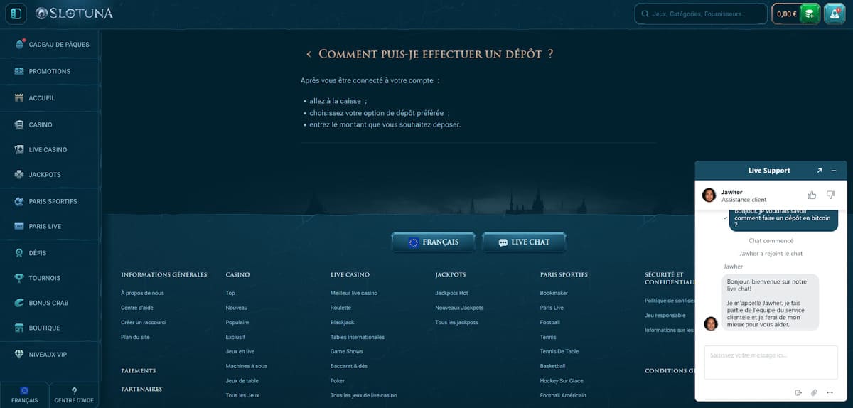 Live support Slotuna Casino