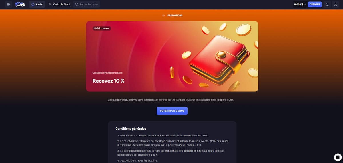 Cashback live Spin Aura Casino