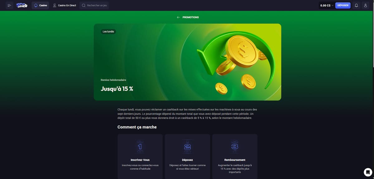Cashback lundi Spin Aura Casino