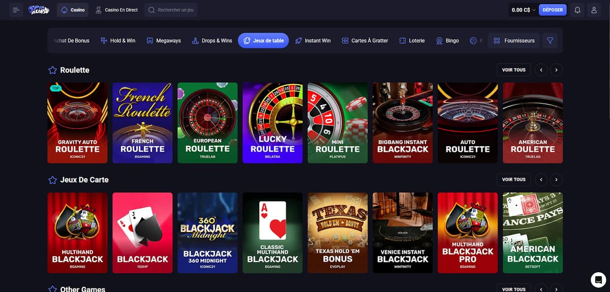 Jeux de table Spin Aura Casino