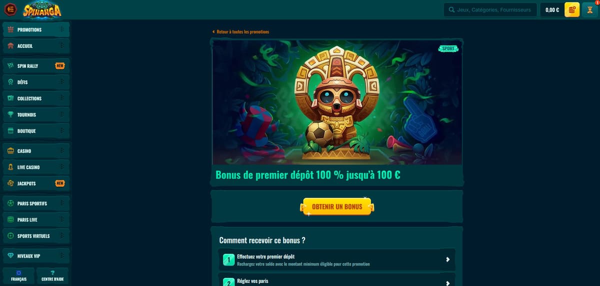 Bonus premier dépôt Spinanga Casino