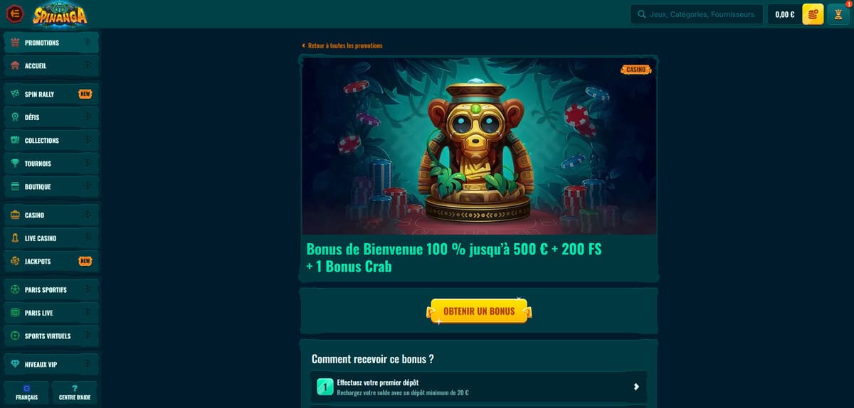 Bonus bienvenue Spinanga Casino