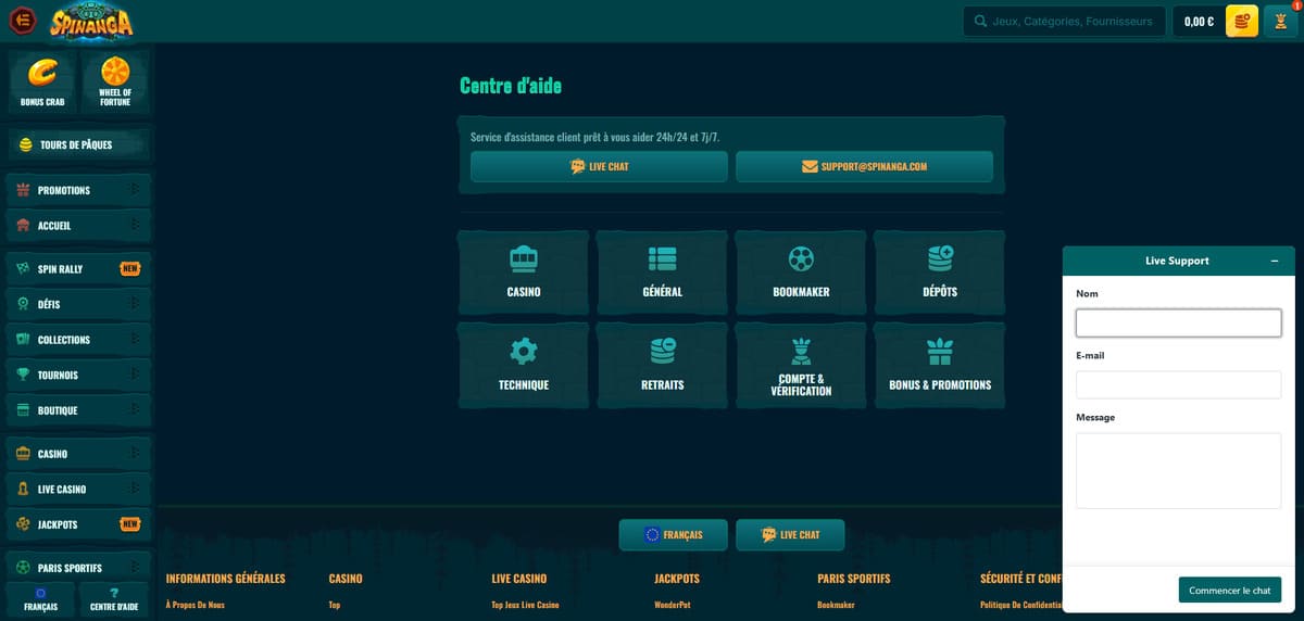 Service client Spinanga Casino