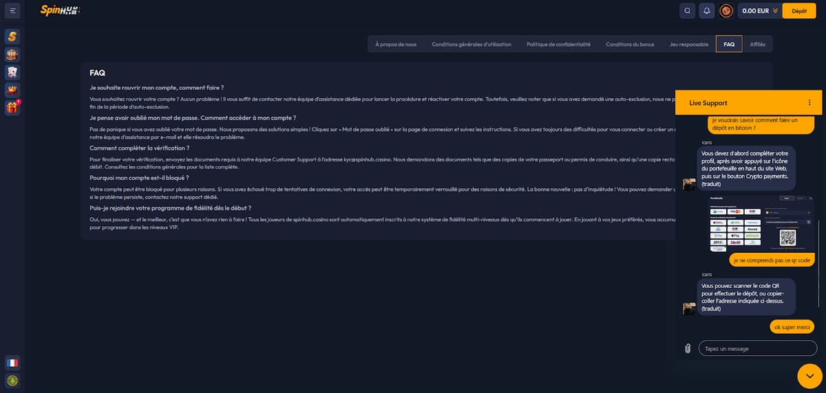 Support client Spinhub Casino