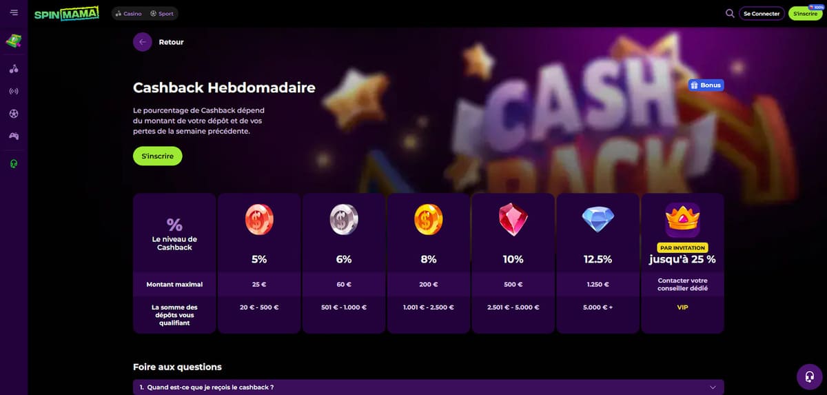 Cashback Hebdo SpinMama Casino