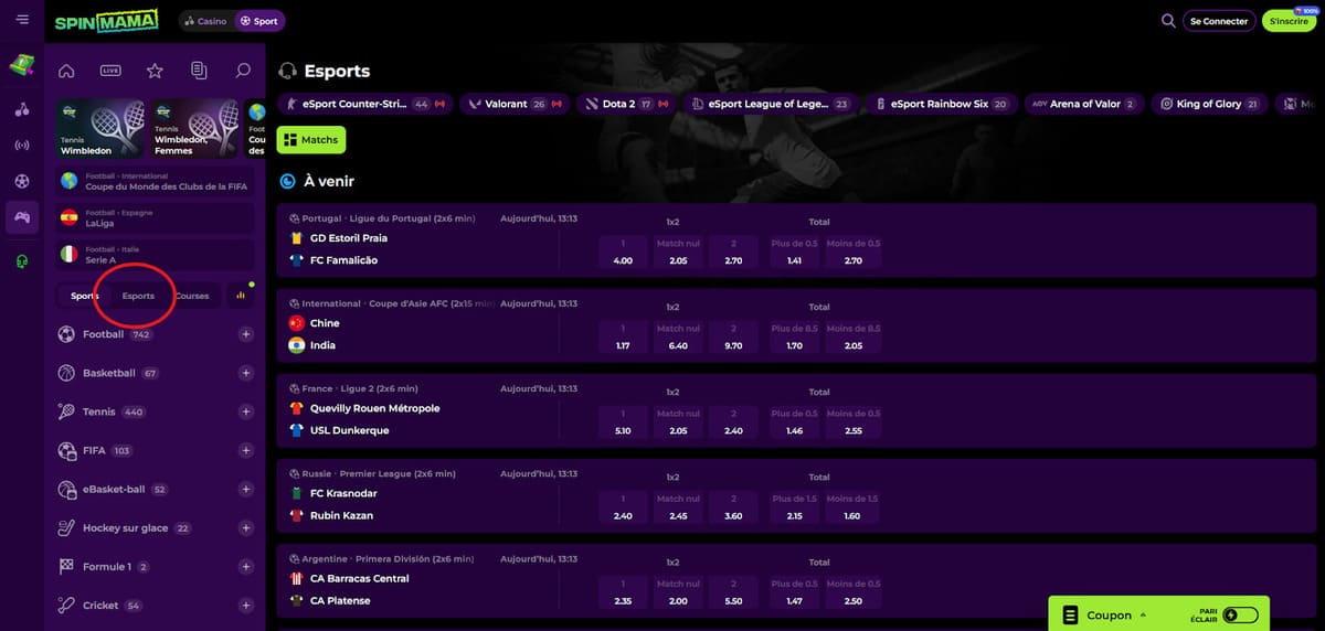 Onglet Esports SpinMama Casino
