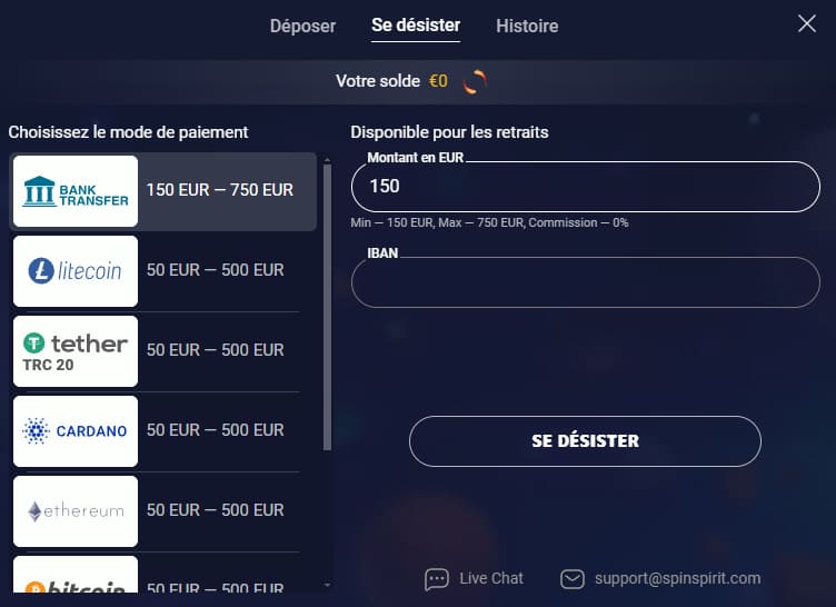 Moyens de retrait SpinSpirit