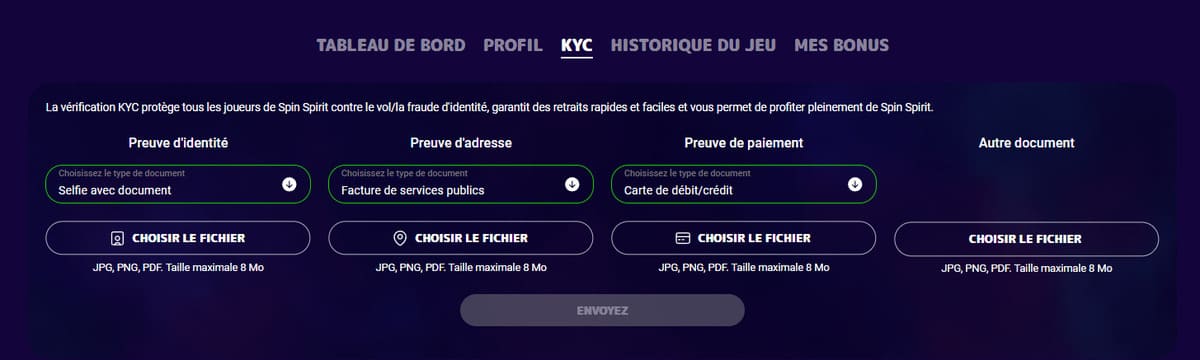 Vérification KYC SpinSpirit