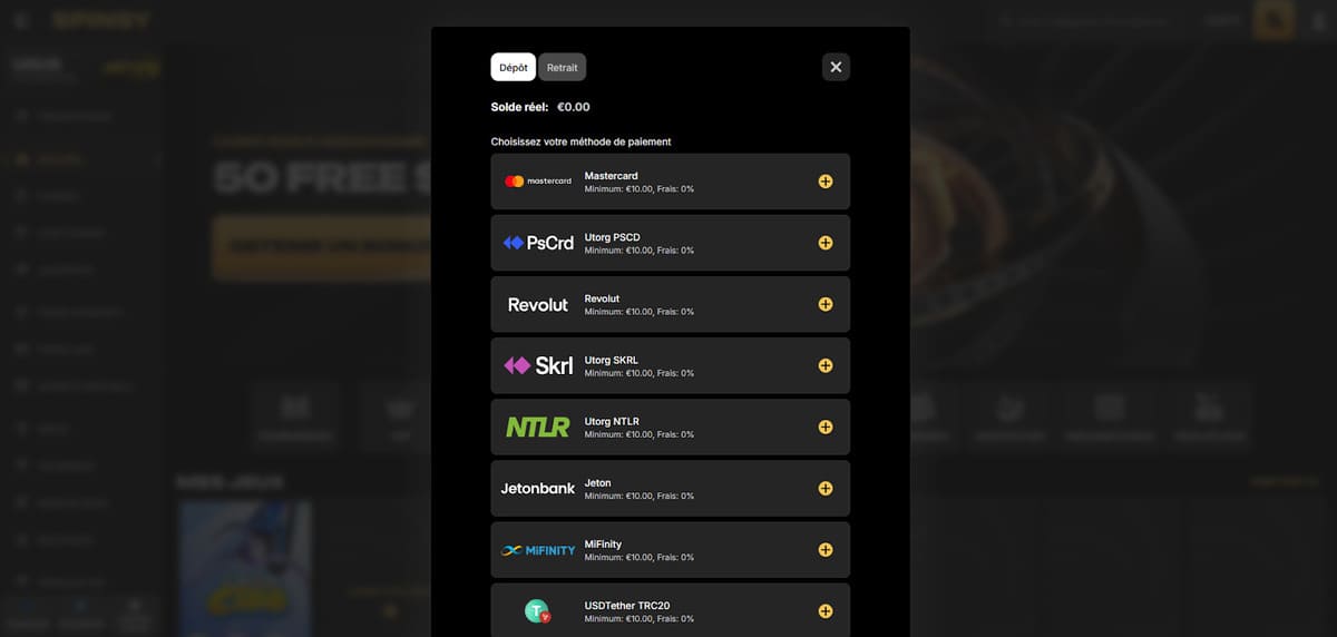 Dépôt Spinsy Casino