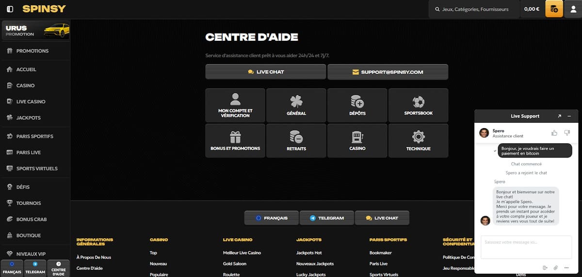 Service client Spinsy Casino