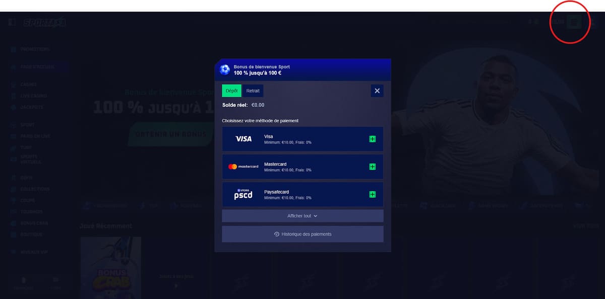 Dépôt Sportaza Casino