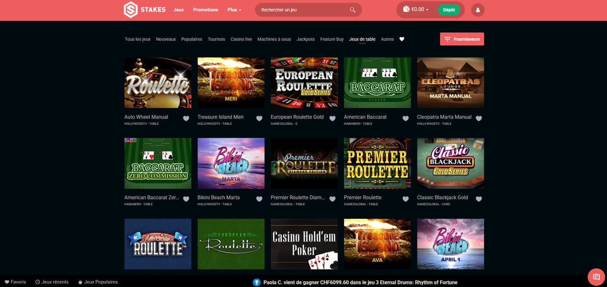 Jeux de table Stakes Casino