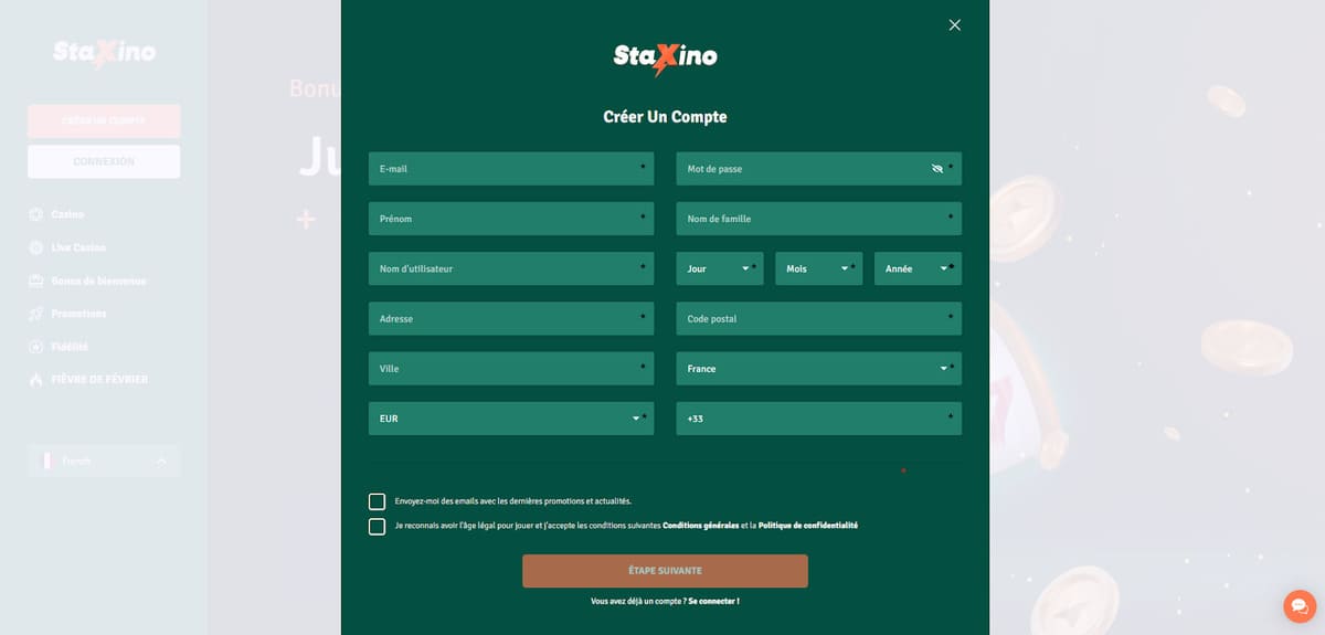 Inscription StaXino Casino