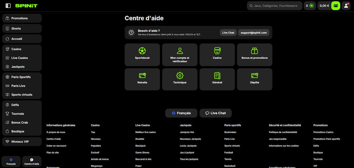Centre aide SpinIT Casino