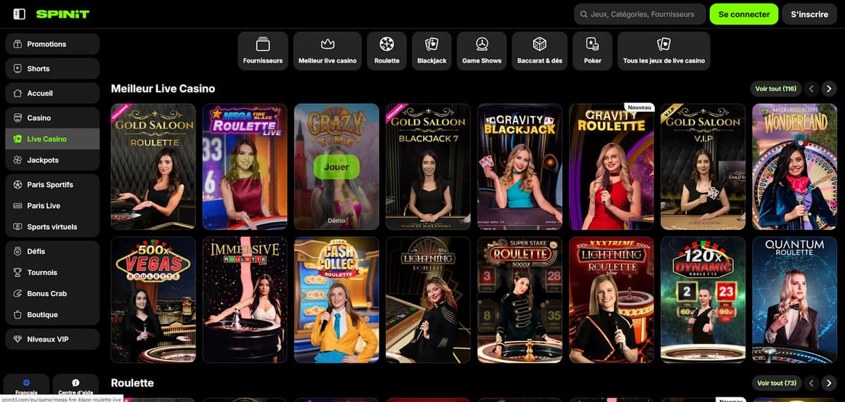 Jeux en direct SpinIT Casino