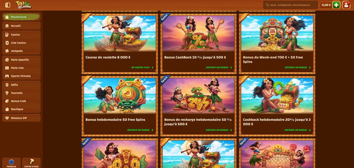 Offres promotionnelles Tiki Casino