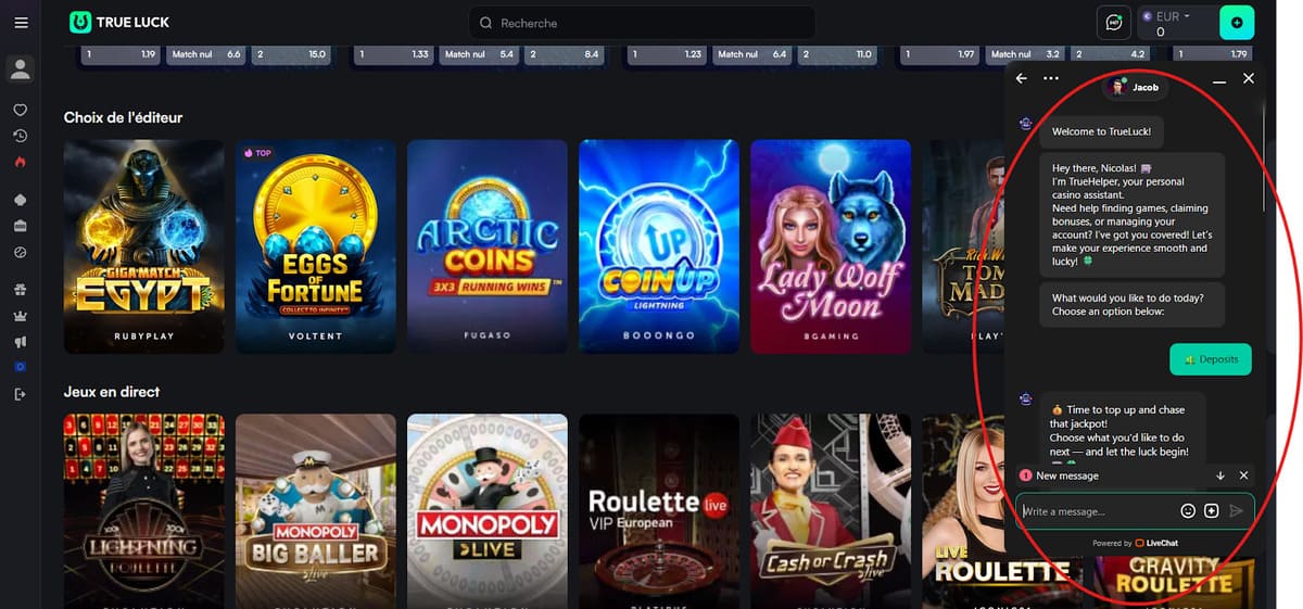 Service client TrueLuck Casino