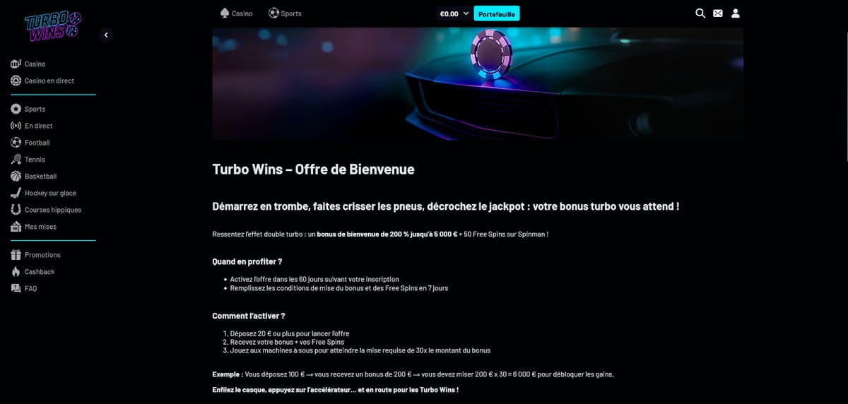 Bonus bienvenue Turbo Wins Casino