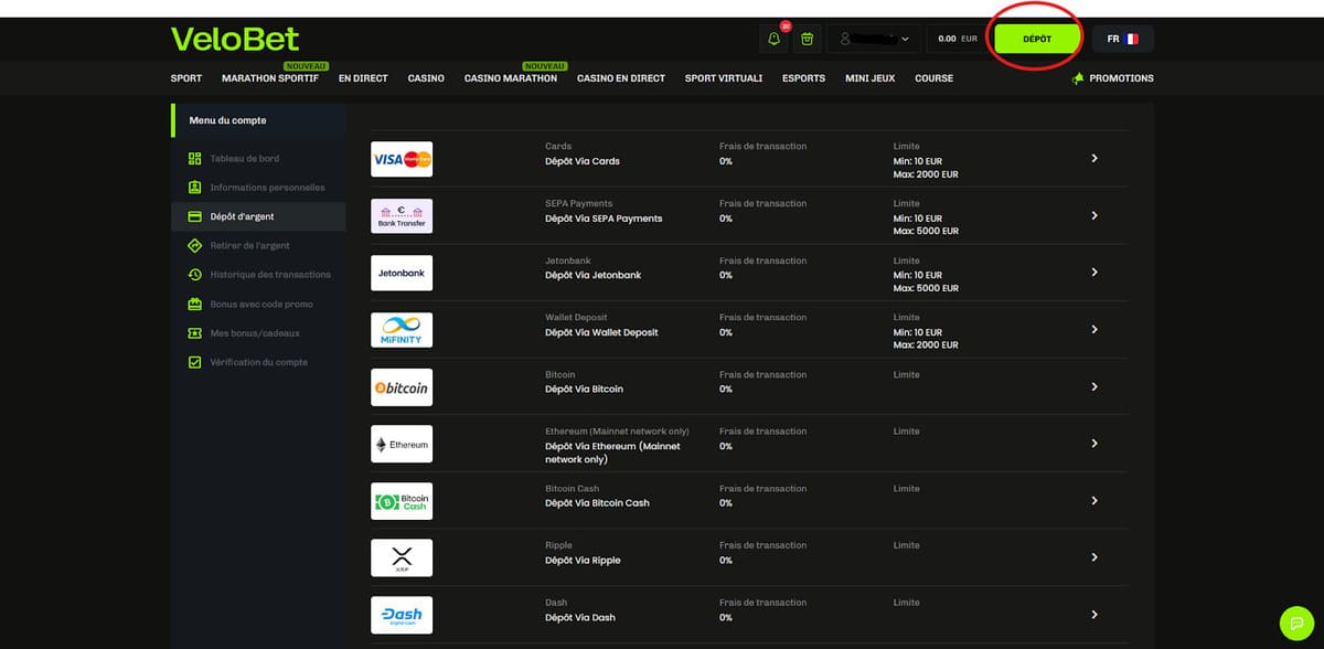 Dépôt Velobet Casino
