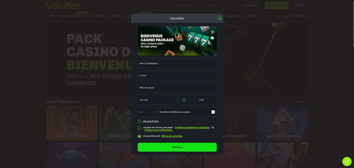 Inscription Velobet Casino