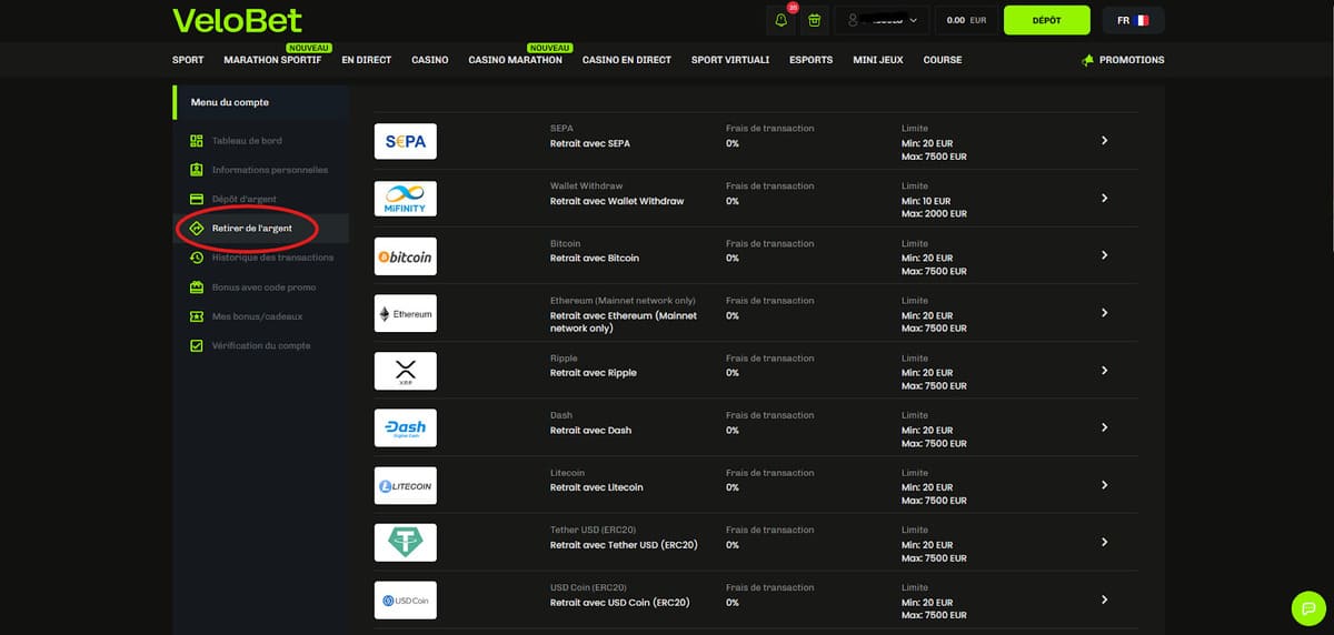 Retrait Velobet Casino